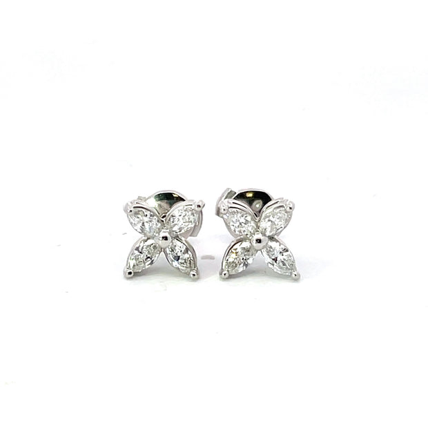 Platinum Small Flower Marquise Diamond Stud Earrings 0.75Ctw