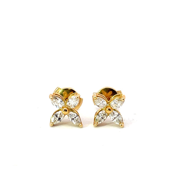 18k yellow gold small flower marquise diamond stud earrings 0.75ctw