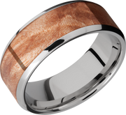 Titanium 8mm beveled band with an inlay of Mapleburl hardwood