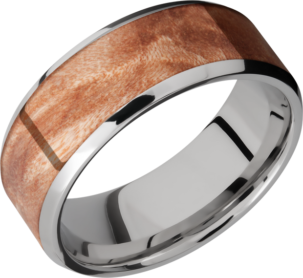 Titanium 8mm beveled band with an inlay of Mapleburl hardwood