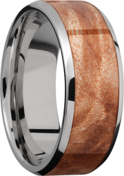 Titanium 8mm beveled band with an inlay of Mapleburl hardwood