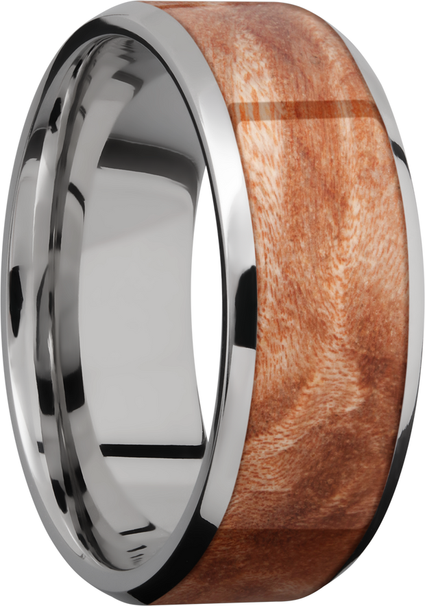 Titanium 8mm beveled band with an inlay of Mapleburl hardwood