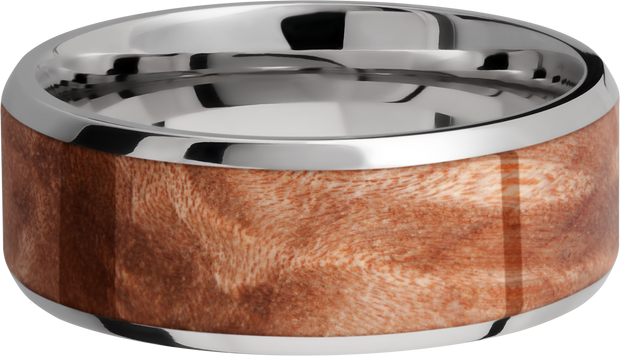 Titanium 8mm beveled band with an inlay of Mapleburl hardwood