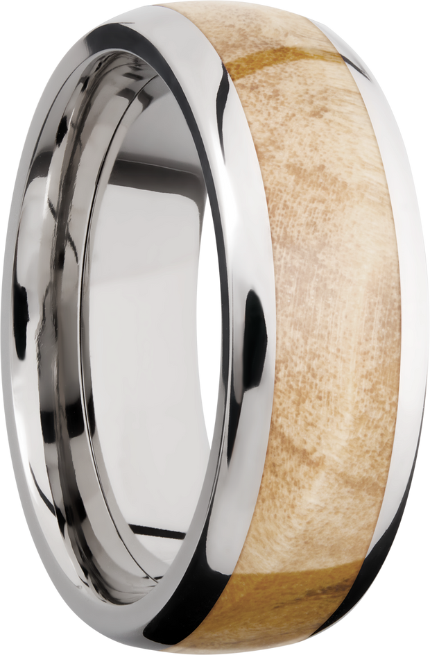 Titanium 8mm domed band with an inlay of Boxelder Burl hardwood