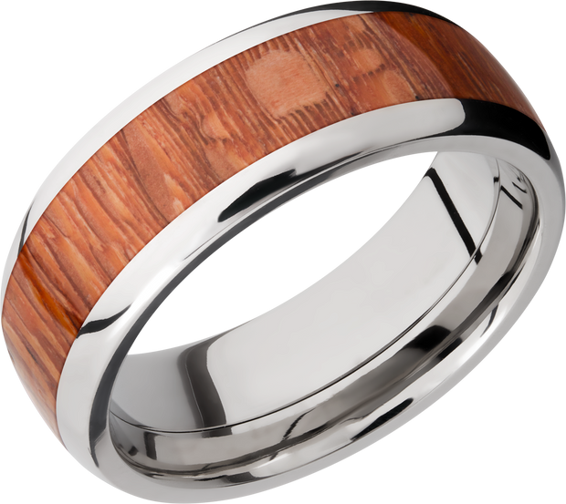 Titanium 8mm domed band with an inlay of Leopard hardwood