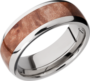 Titanium 8mm domed band with an inlay of Maple Burl hardwood