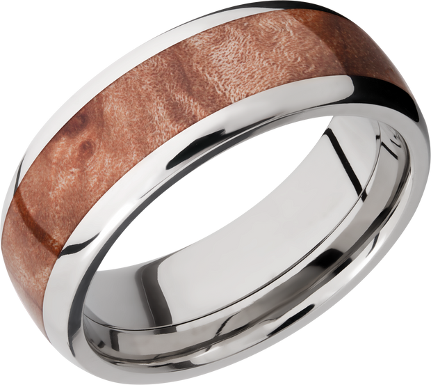 Titanium 8mm domed band with an inlay of Maple Burl hardwood