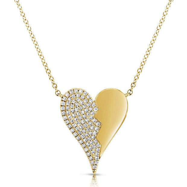 14k yellow gold half diamond pave heart pendant 0.24ct