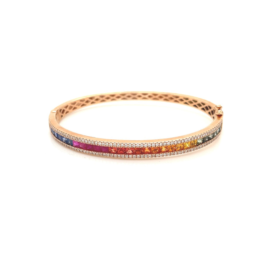 Mosaic Pink Sapphire and Diamond Bangle Bracelet in 14k Rose Gold (7.5 in)