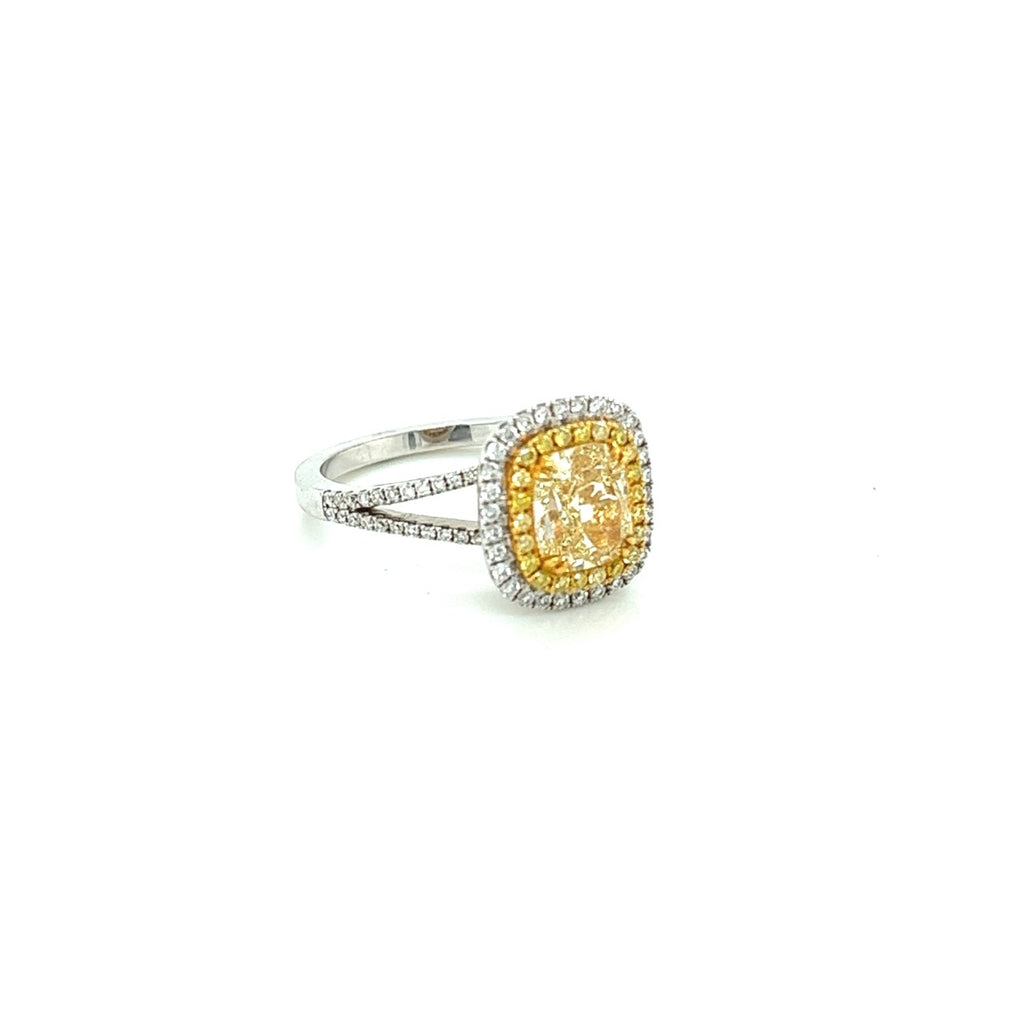 18K White Gold Center Stone 1.0 Carat Natural Yellow Diamond Fashion Double  Halo Ladies Ring Birthday Party Gift High Jewelry